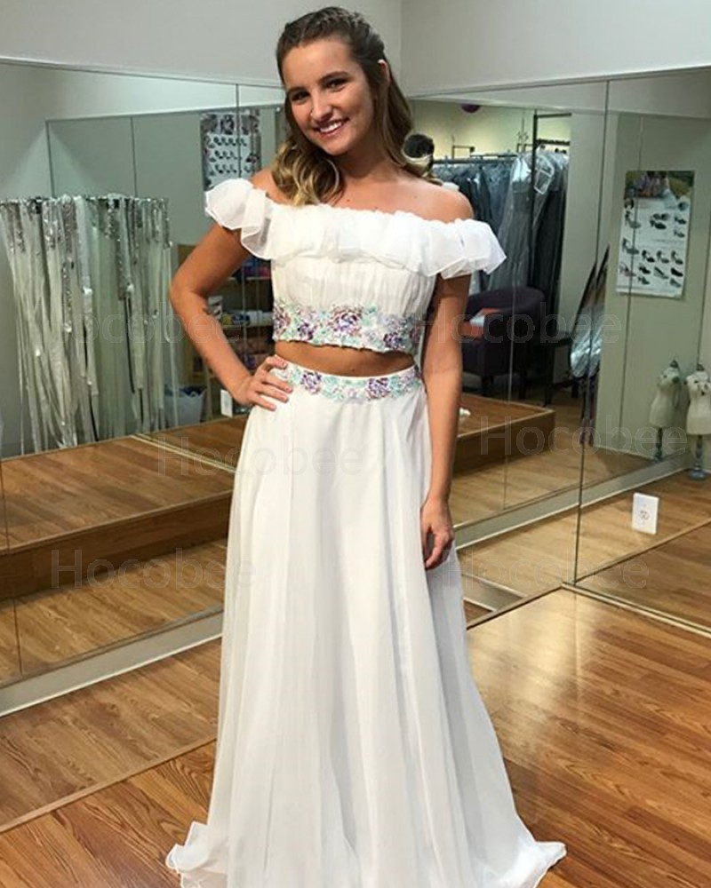 Two Piece Off the Shoulder Chiffon White Long Formal Dress PD1008