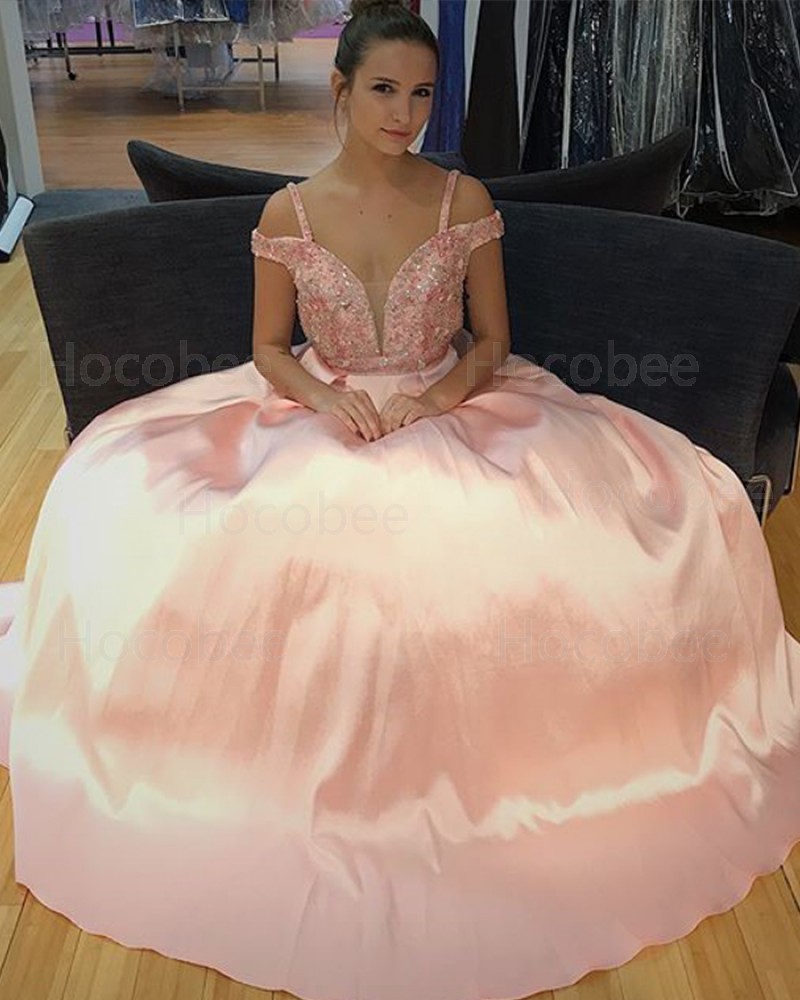 Cold Shoulder Beading Pink Satin Ball Gown Prom Dress PD1014