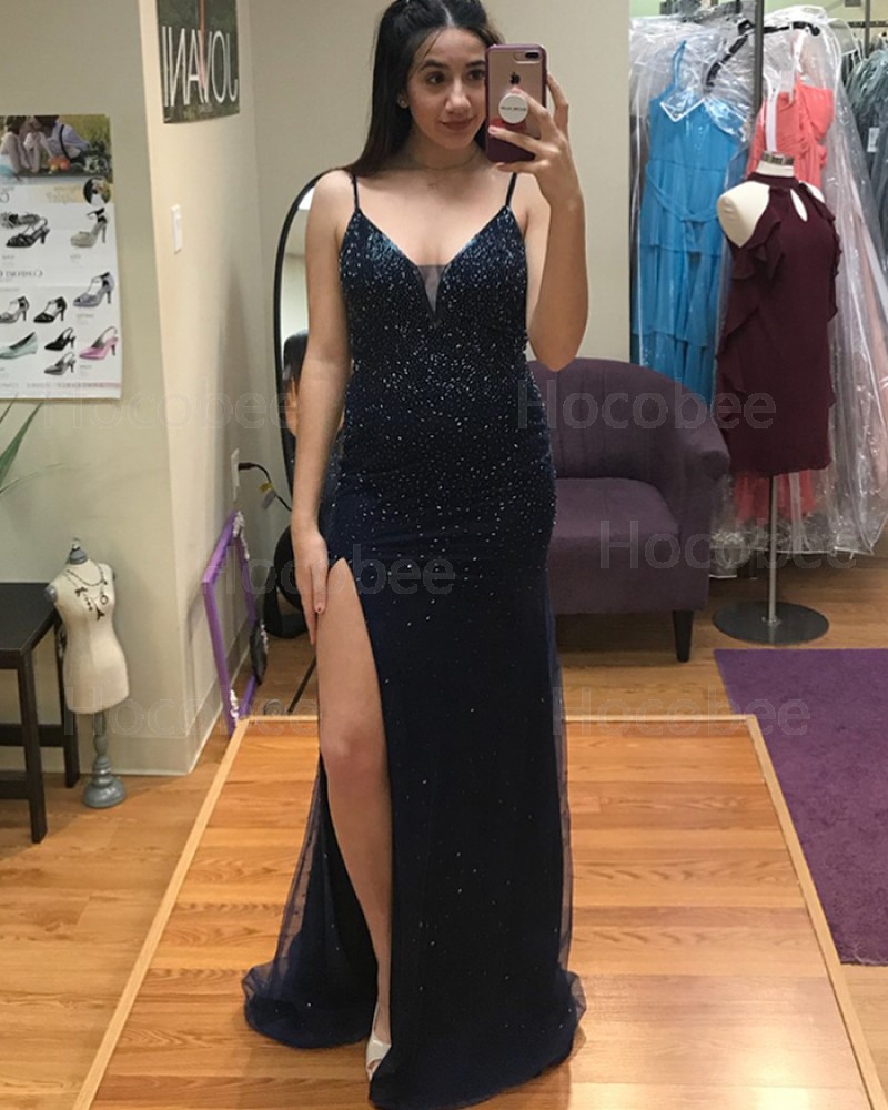 Black Spaghetti Straps Sequin Prom Dress with High Slit PD1018