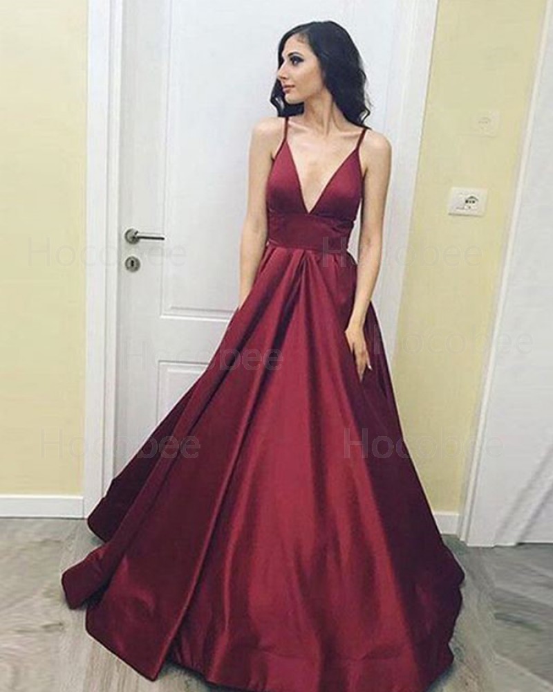 Deep V-neck Satin Burgundy Evening Gown with Pockets PD1021