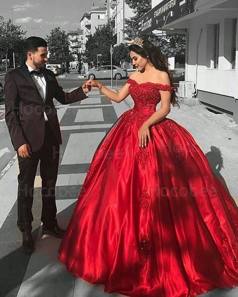 The best red satin off the shoulder lace bodice ball gown prom dress from hocobee