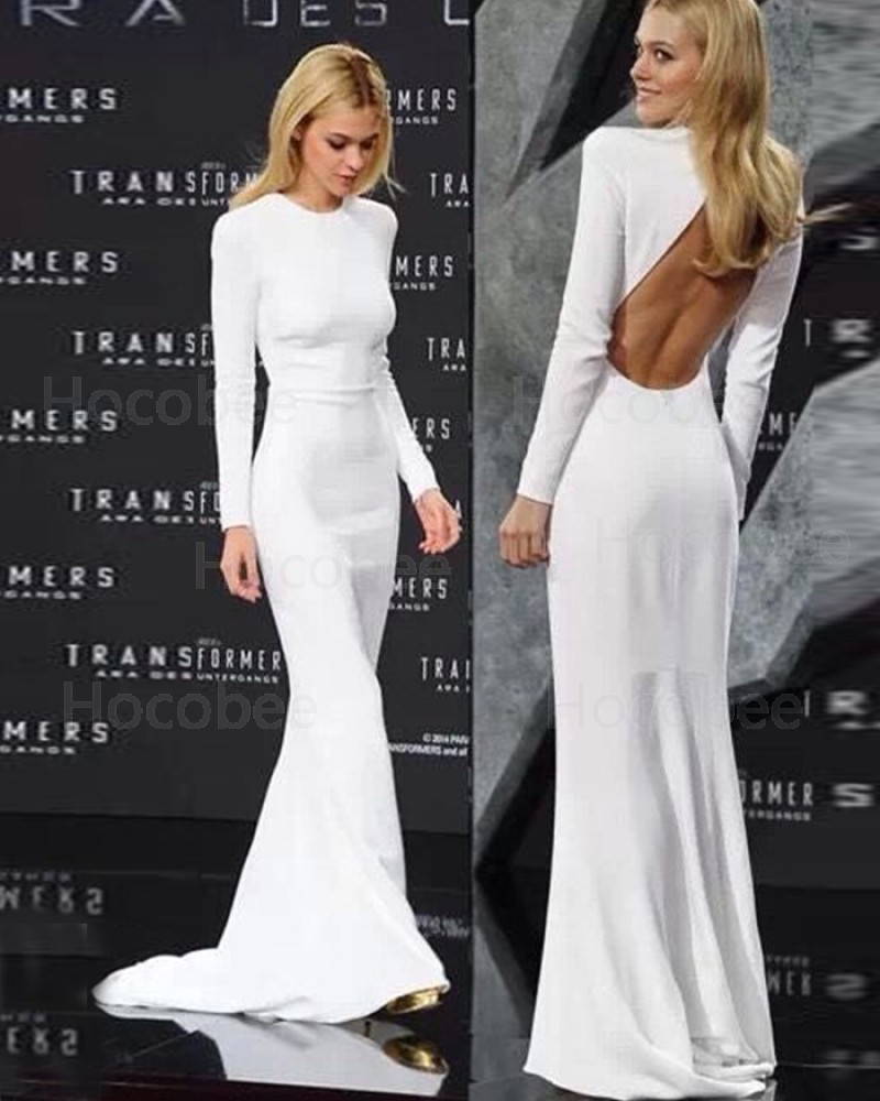 High Neck White Mermaid Long Evening Dress with Long Sleeve PD1045