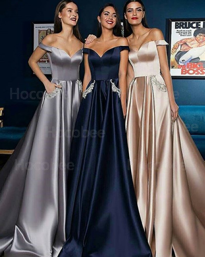 Satin Pleated Long Evening Dress with Beading Pockets BD2001