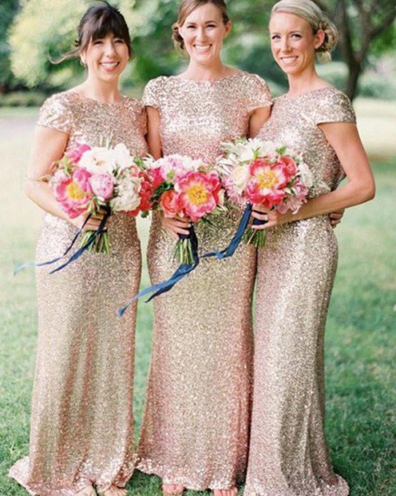 Jewel Gold Sequined Mermaid Bridesmaid Dress with Cap Sleeves BD2014