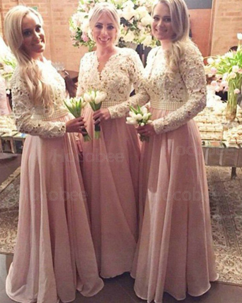 White and Pink V-neck Lace Bodice Bridesmaid Dress with Long Sleeves BD2015