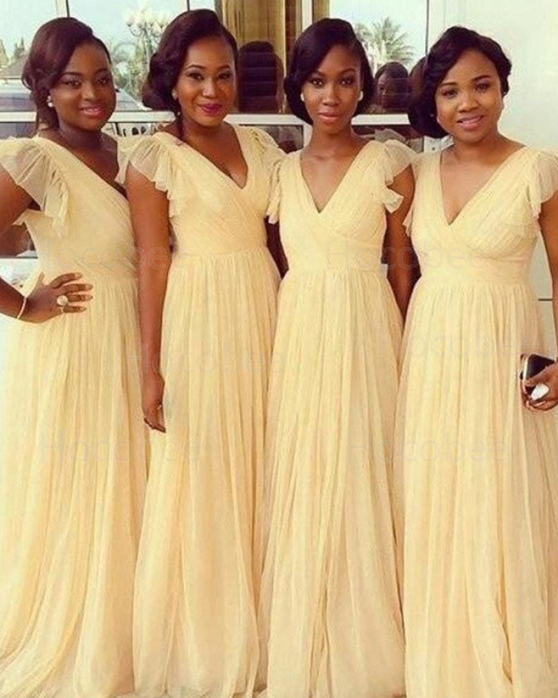 V-neck Yellow Ruched Tulle Bridesmaid Dress BD2020