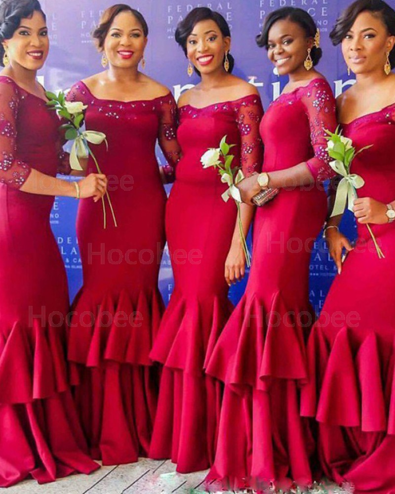 Red Beading Satin Mermaid Bridesmaid Dress with 3/4 Length Sleeves BD2023