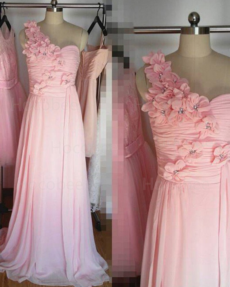One Shoulder Ruched Pink Long Bridesmaid Dress with Handmade Flowers BD2025