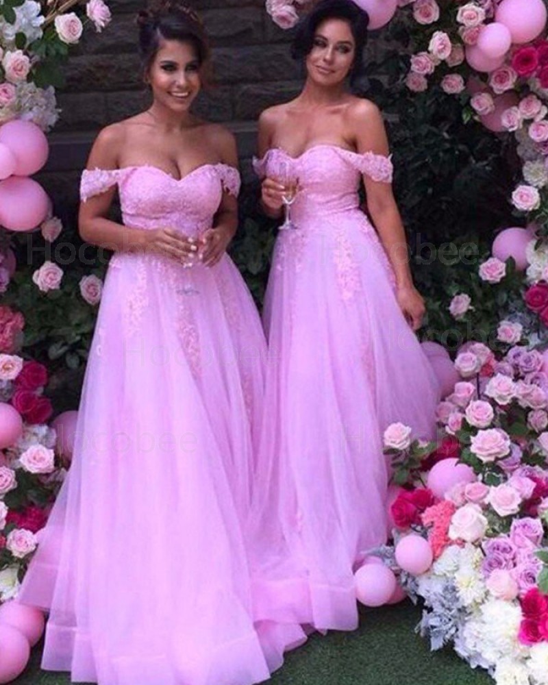 Lace Appliqued Blush Pink Tulle Bridesmaid Dress BD2034