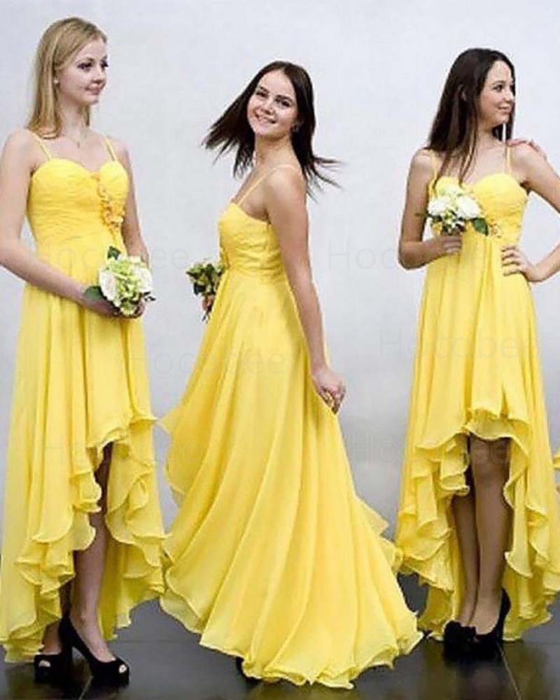 High Low Spaghetti Straps Ruched Chiffon Yellow Bridesmaid Dress BD2035