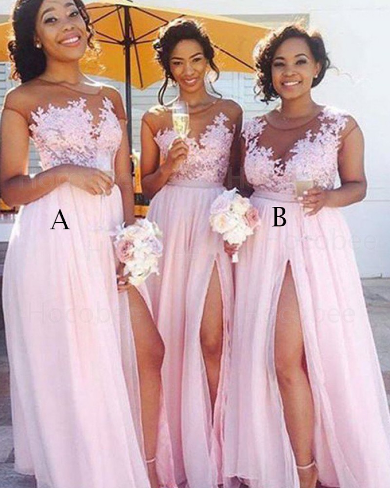 Sheer Appliqued Chiffon Pink Bridesmaid Dress with High Slit BD2041