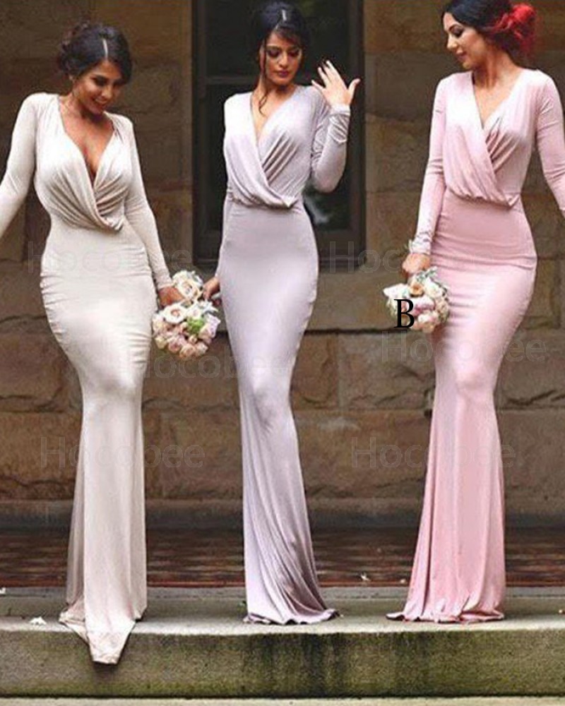 V-neck Ruched Mermaid Simple Bridesmaid Dress with Long Sleeves BD2042
