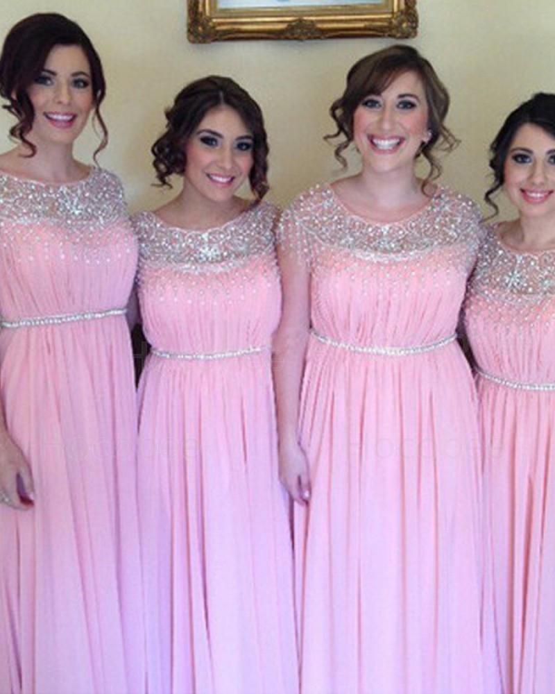 Jewel Beading Chiffon Pink Pleated Bridesmaid Dress BD2045