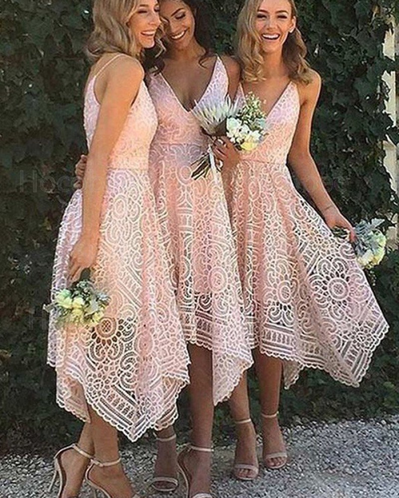 V-neck Pink Lace Asymmetric Tea Length Bridesmaid Dress BD2058