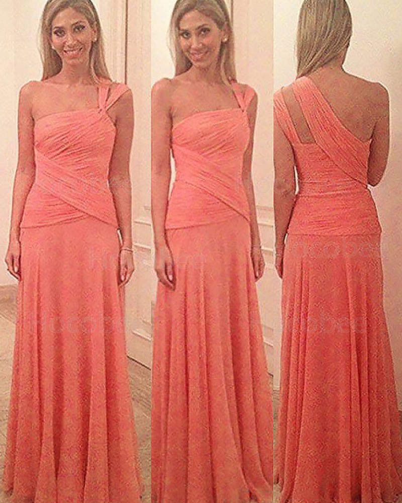 One Shoulder Coral Pink Ruched Long Bridesmaid Dress BD2084