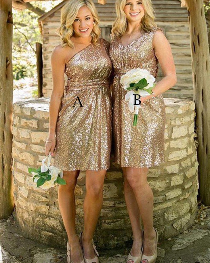 Short One Shoulder Gold Sequined Bridesmaid Dress BD2085