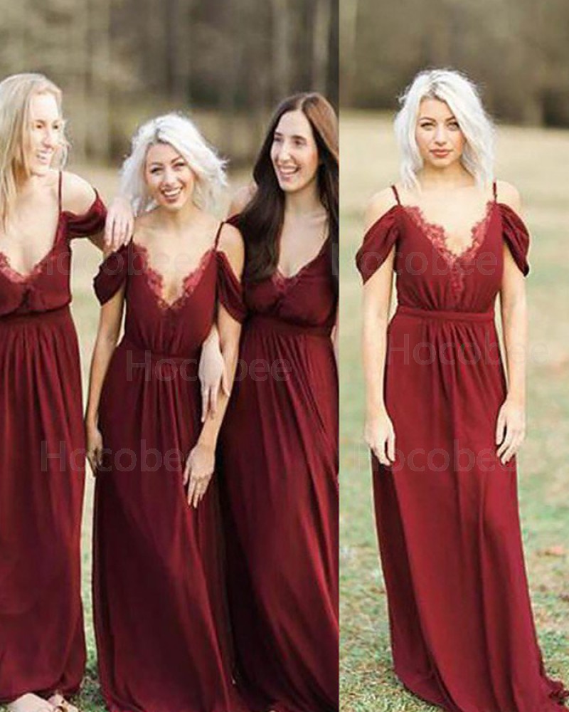 Long Cold Shoulder Red Pleated Bridesmaid Dress BD2086