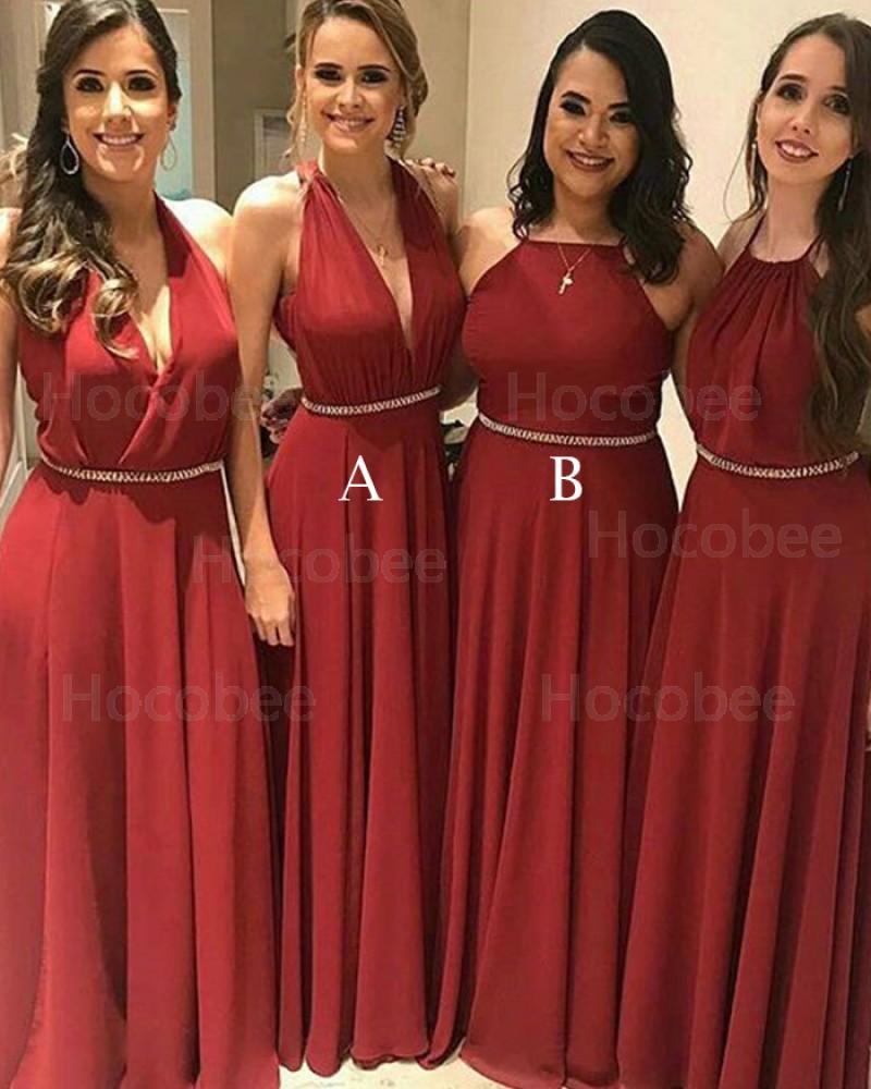 Long Halter Chiffon Red Pleated Bridesmaid Dress with Beading Belt BD2096