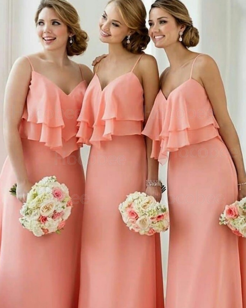 Long Spaghetti Straps Layered Pink Bridesmaid Dress BD2099