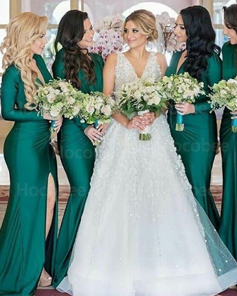 V-neck Green Satin Mermaid Bridesmaid Dress with Slit BD2102