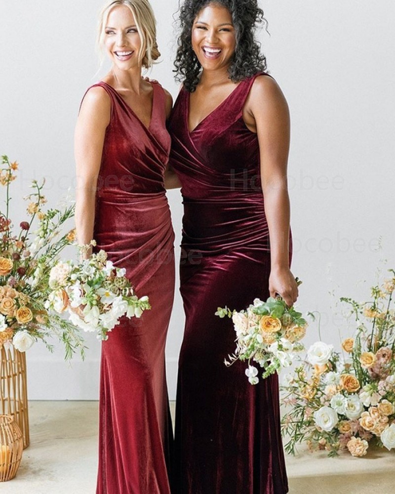 Burgundy Ruched Velvet V-neck Mermaid Formal Dress BD2167