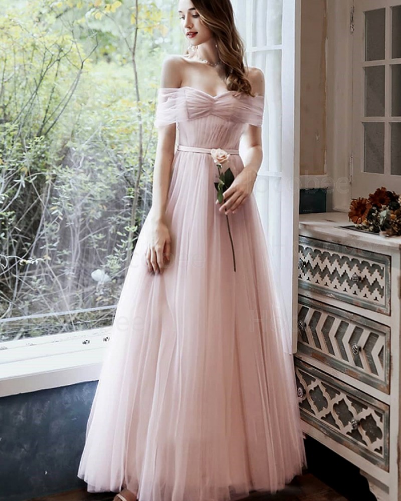 Pearl Pink Pleated Off the Shoulder Tulle Formal Dress BD2169