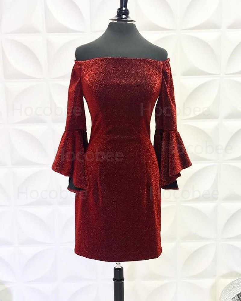 Burgundy Off the Shoulder Metallic Tight Short Formal Dress with Bell Sleeves NHD3558