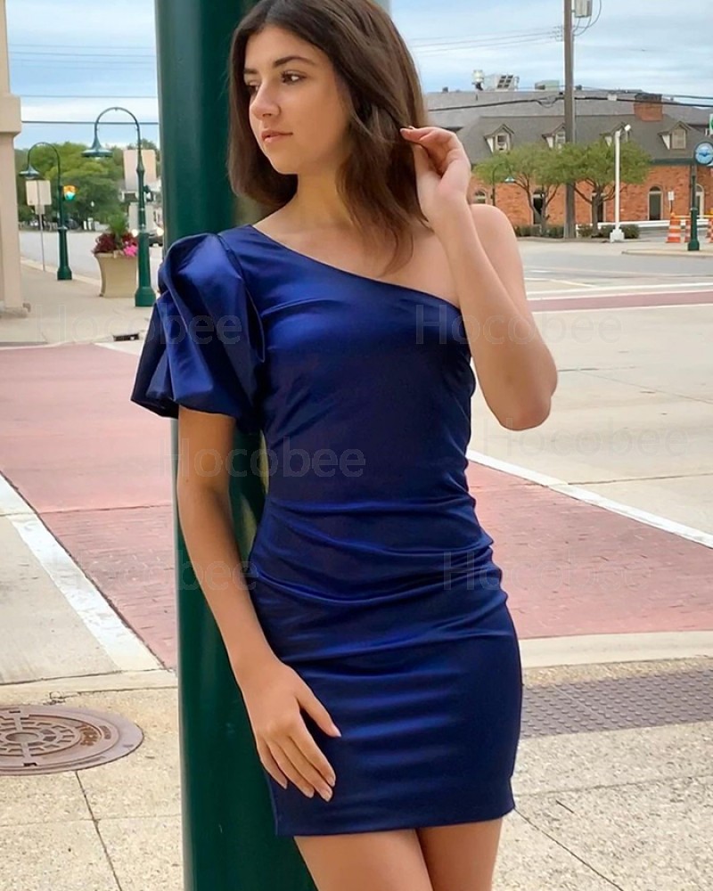 One Shoulder Navy Blue Tight Short Formal Dress with Short Sleeves NHD3563
