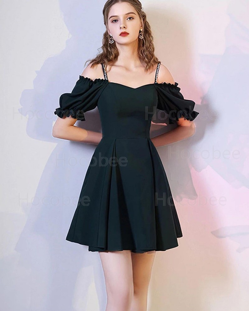 Cold Shoulder Black Chiffon Short Formal Dress with Short Sleeves HD3611