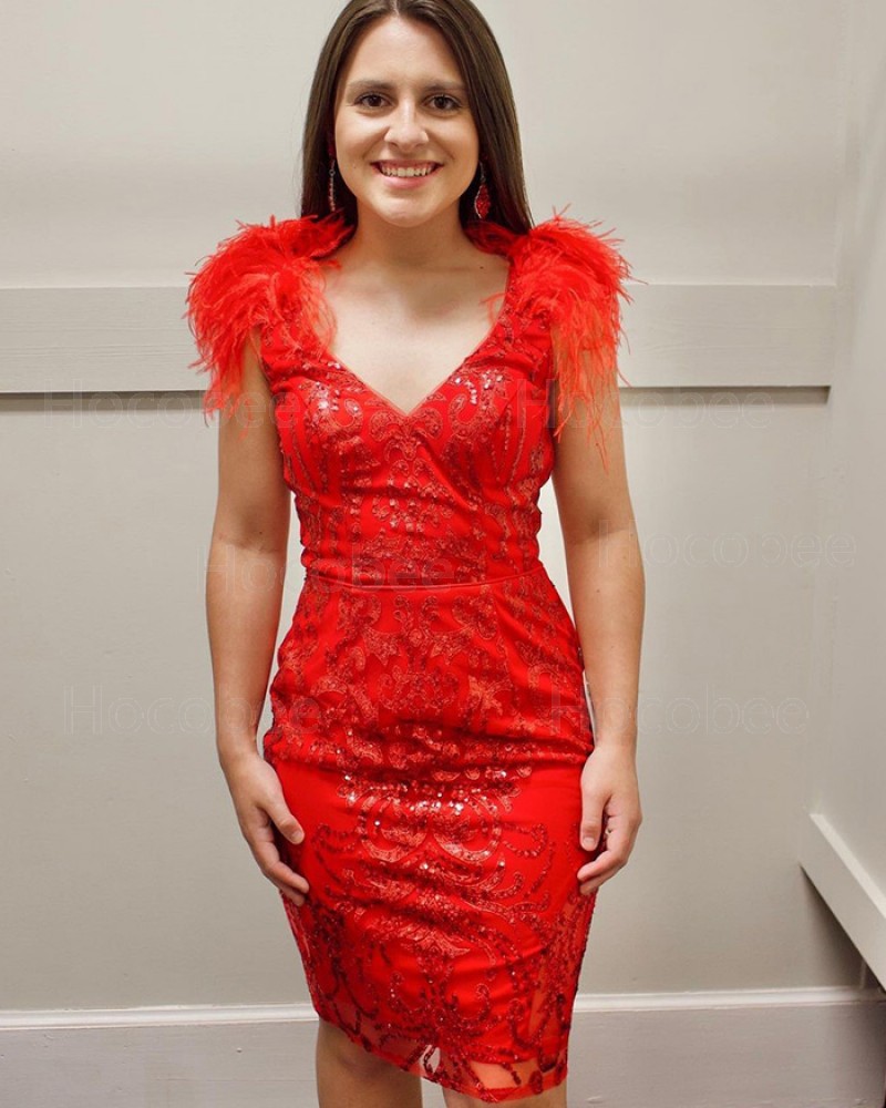 V-neck Red Knee Length Sequin Lace Tight Short Formal Dress with Feather HD3612