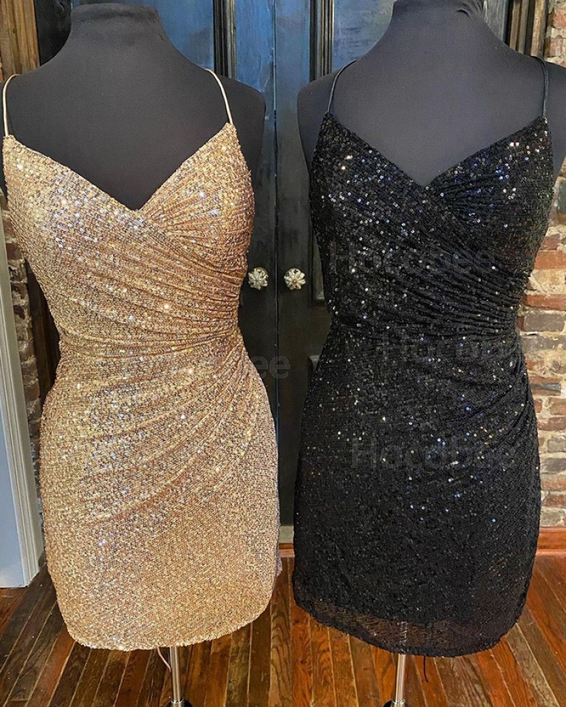 Spaghetti Straps Gold Sequin Ruched Tight Short Formal Dress HD3633