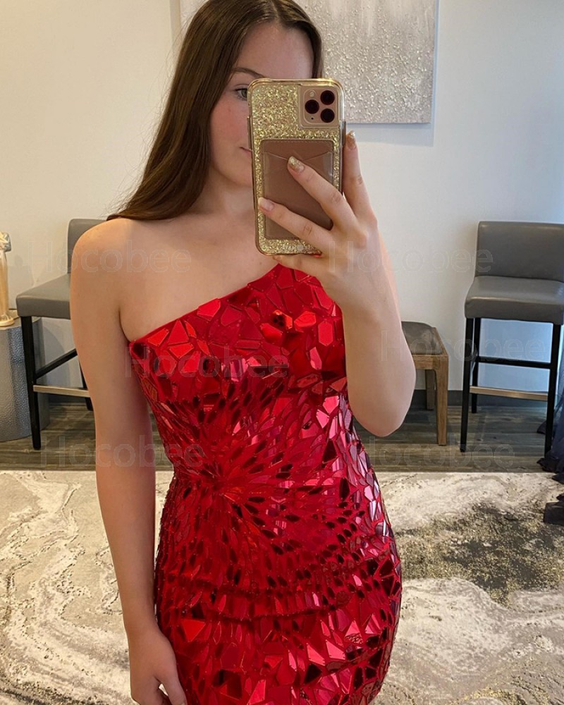 Special Glass Mirror One Shoulder Sequin Red Bodycon Short Homecoming Dress HD3648