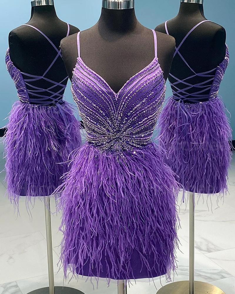 Beading Purple Spaghetti Straps Tight Short Formal Dress with Feather HD3669