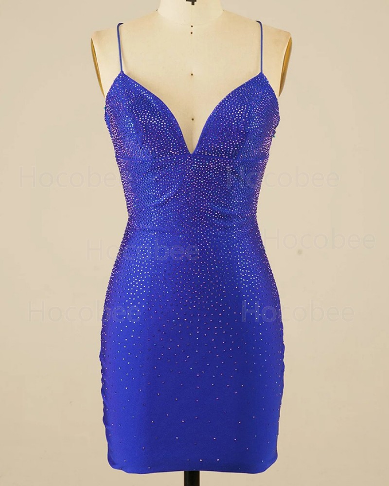 Blue Beading Tight Spaghetti Straps Short Homecoming Dress HD3699
