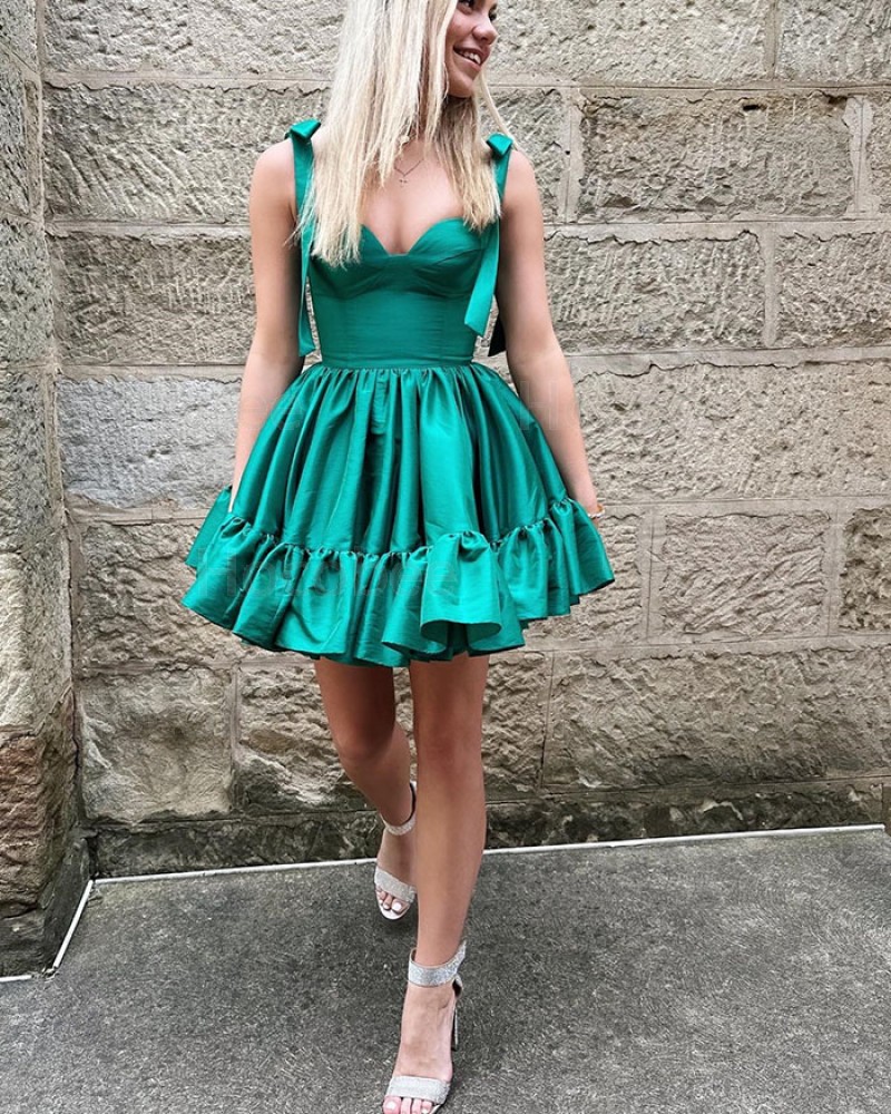 Green Square Neckline Pleated Simple Satin Short Prom Dress HD3722