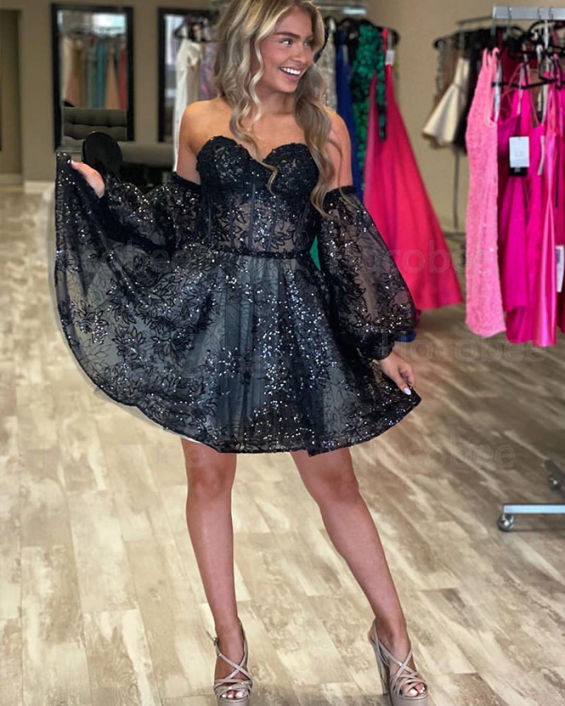 Black Sequin Lace A-line Sweetheart Short Prom Dress with Removable Sleeves HD3735