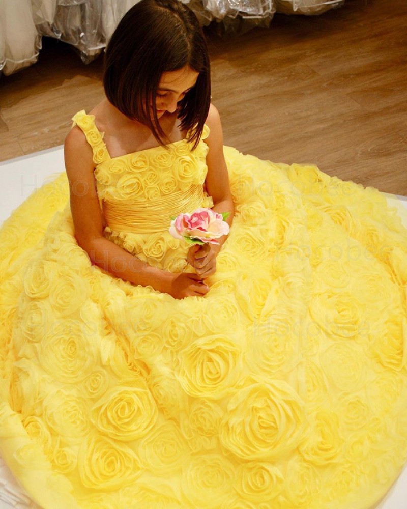 Yellow 3D Flower Lace Square Neckline Long Formal Dress with Bowknot PD1999