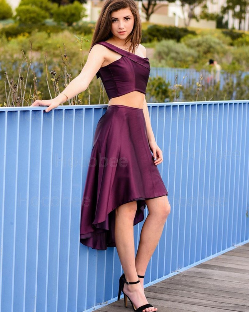 Simple High Low Two Piece Burgundy One Shoulder Satin Long Formal Dress PD2001