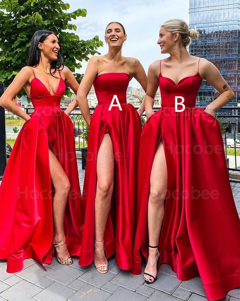 Strapless Red Satin Side Slit Simple Long Formal Dress with Pockets PD2004