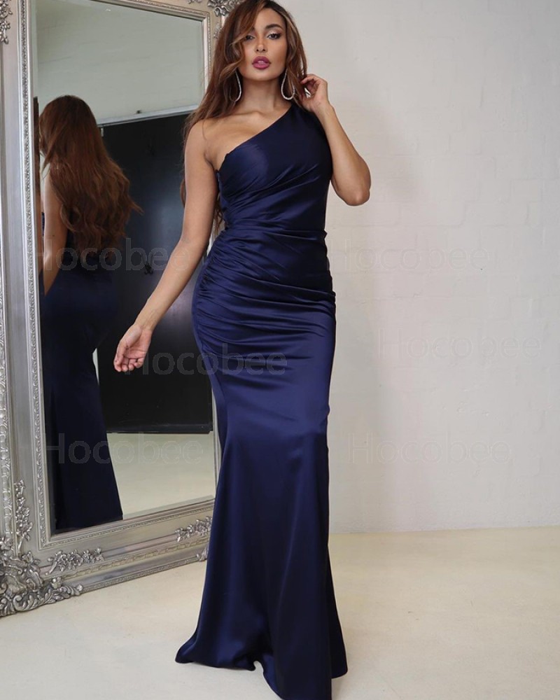 Navy Blue Ruched Satin One Shoulder Simple Long Formal Dress PD2018