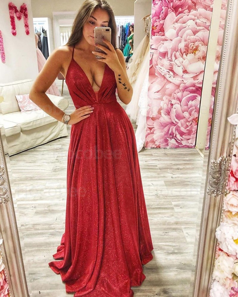 Metallic Red Ruched Spagehtti Straps Long Formal Dress PD2020