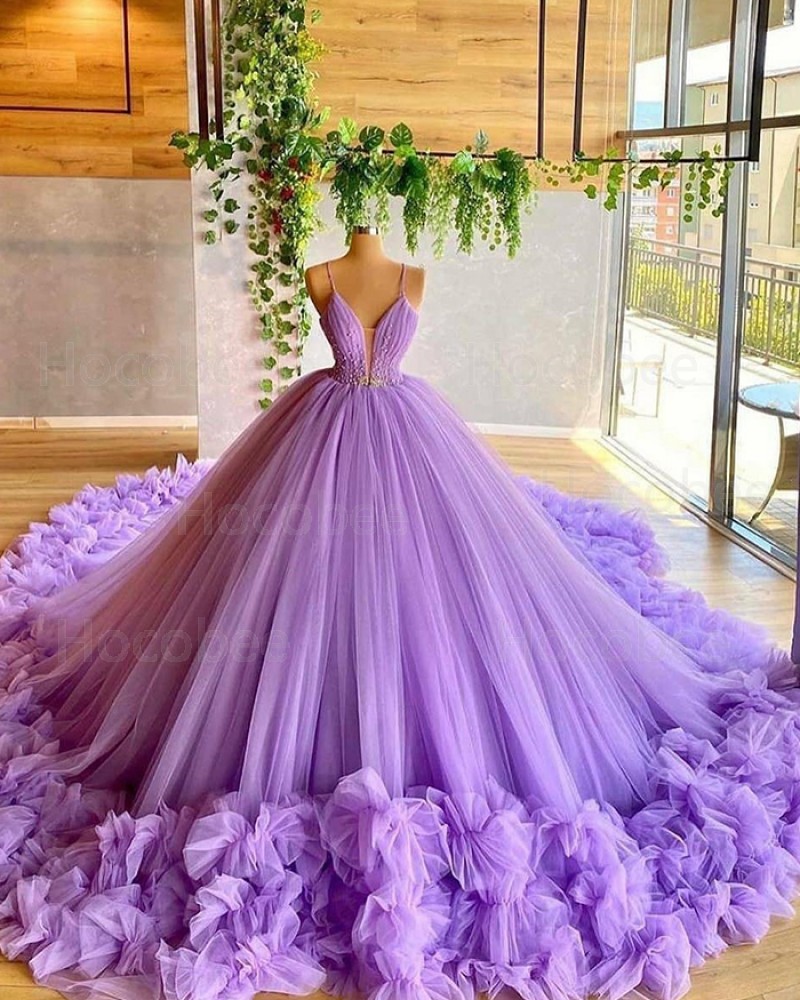 Lavender Beading Bodice Tulle Spaghetti Straps Long Formal Dress with Handmade Flowers PD2030
