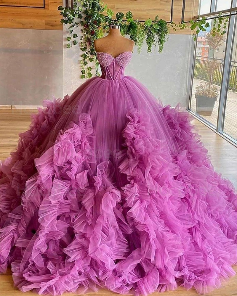 Purple Beading Bodice Tulle Ruffle Pleated Sweetheart Ball Gown Long Formal Dress PD2032