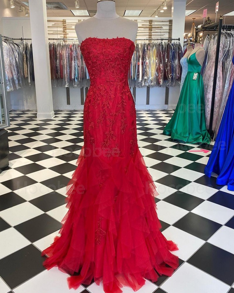 Lace Applique Strapless Red Ruffle Mermaid Long Formal Dress PD2039