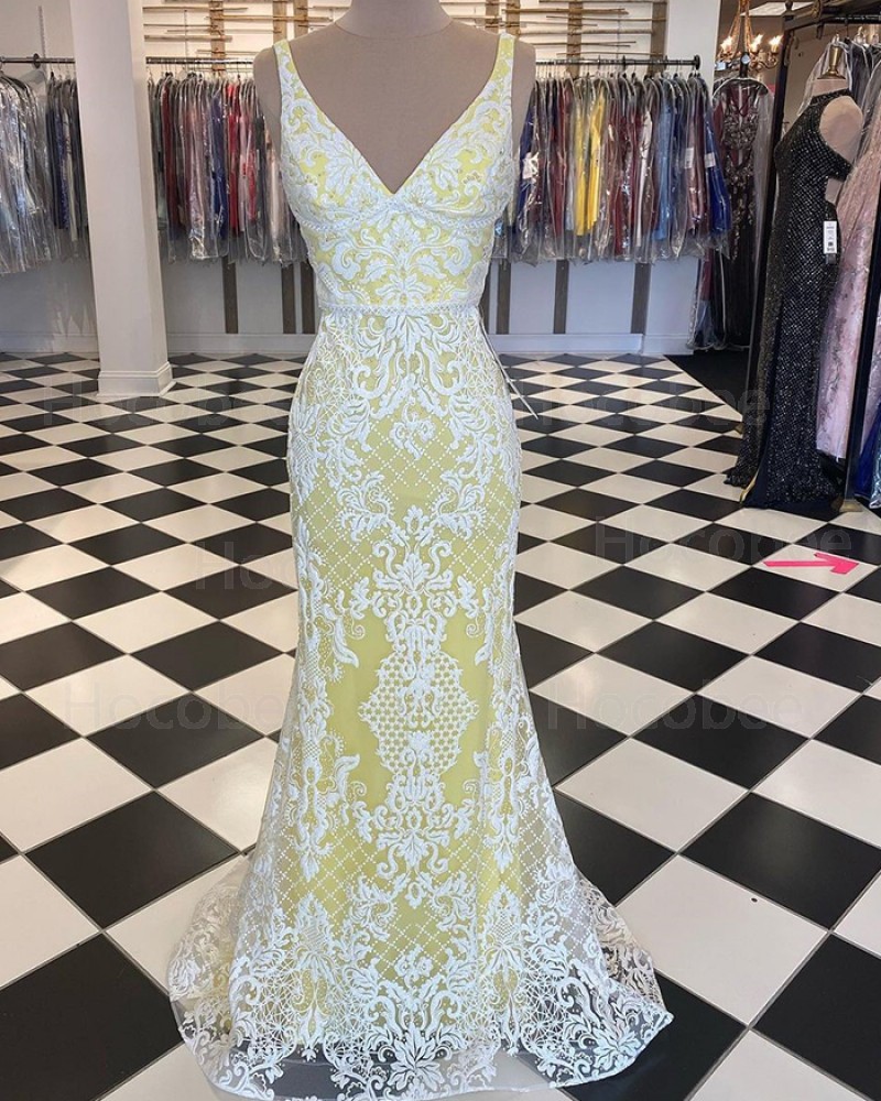 White & Yellow Lace Mermaid V-neck Long Formal Dress PD2044