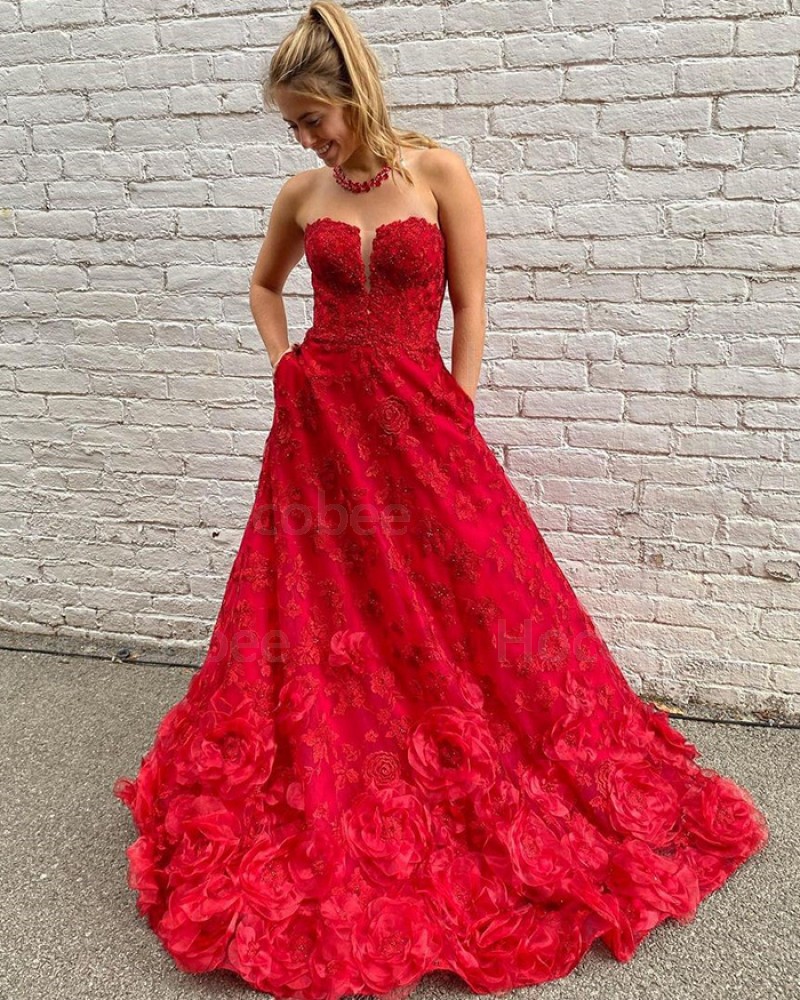 The best lace a line strapless red prom dress with pockets from