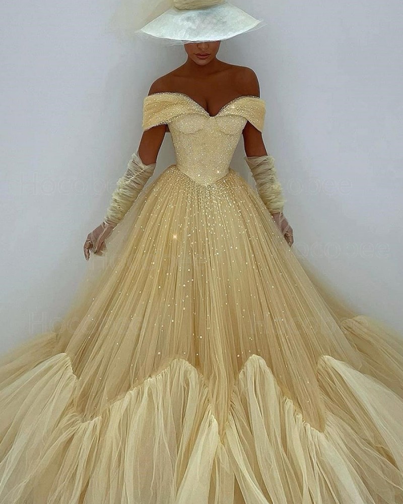 The best glitter pleated off the shoulder light yellow evening