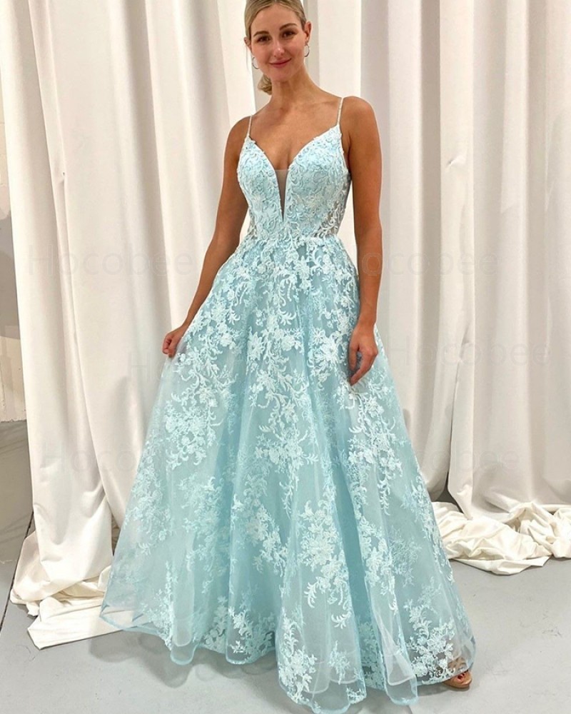 Mint Lace Tulle Spaghetti Straps A-line Prom Dress PD2104