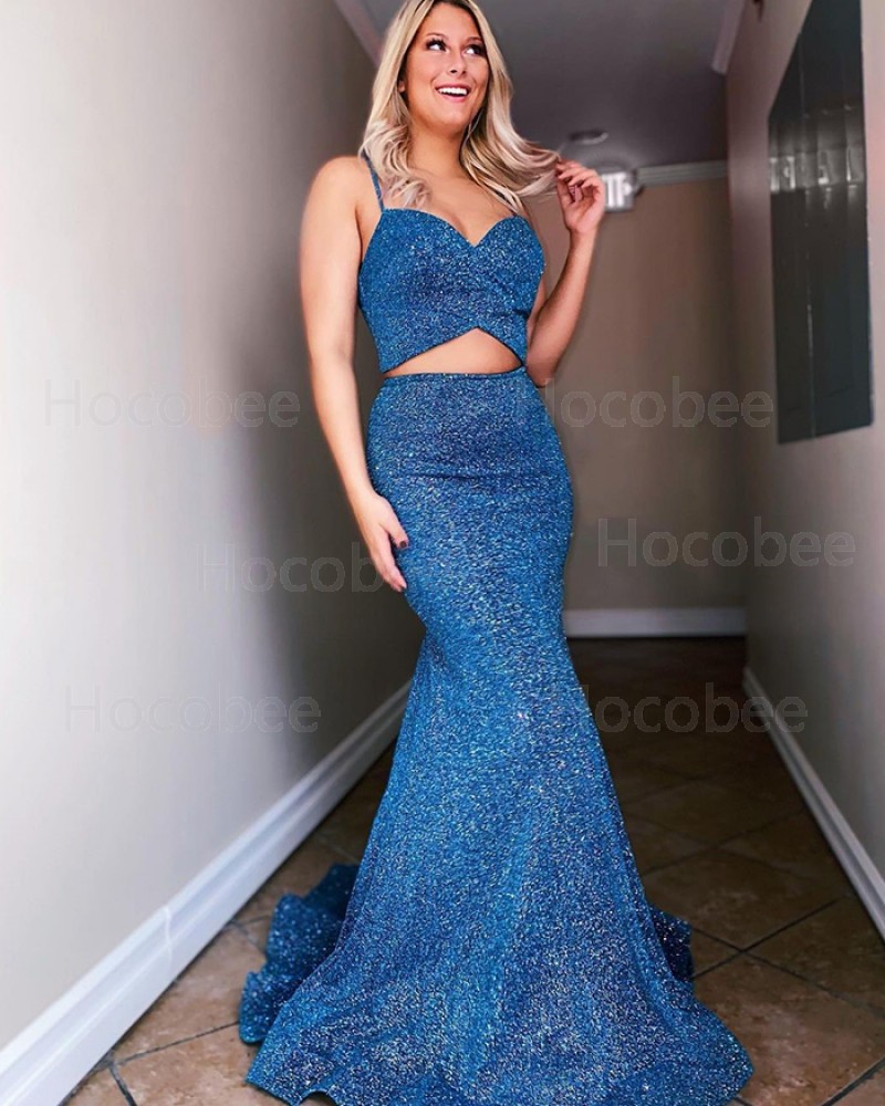 Spaghetti Straps Two Piece Navy Blue Sequin Mermaid Long Formal Dress PD2181