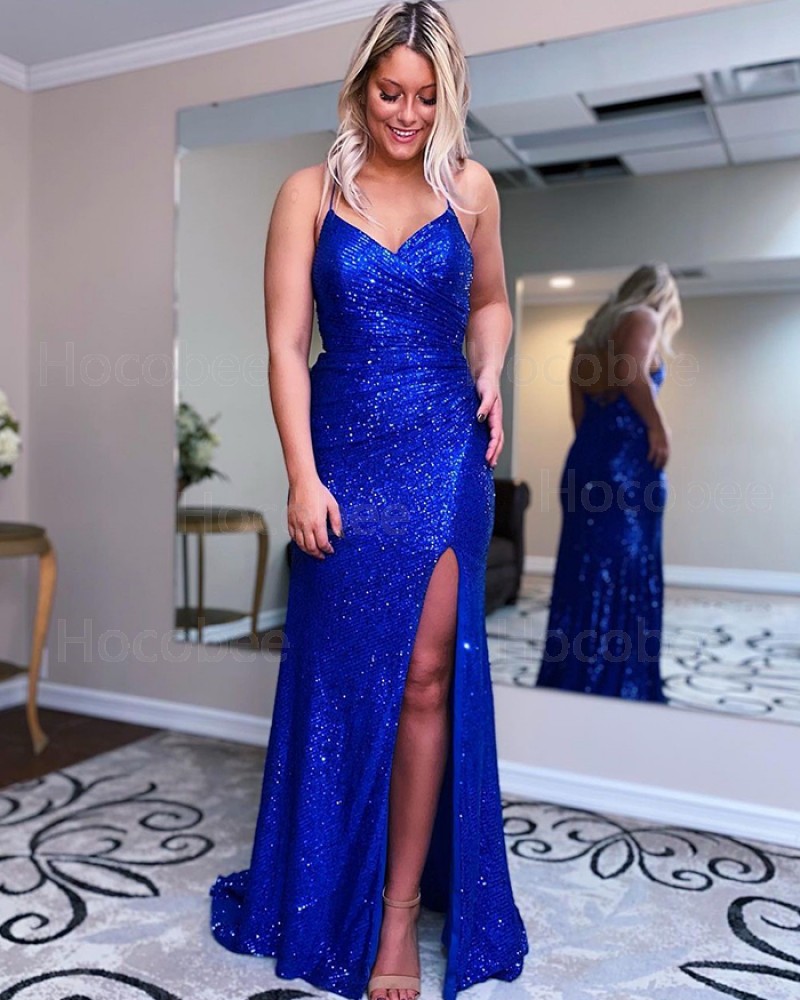 Blue Ruched Spaghetti Straps Sequin Long Formal Dress With Side Slit PD2183